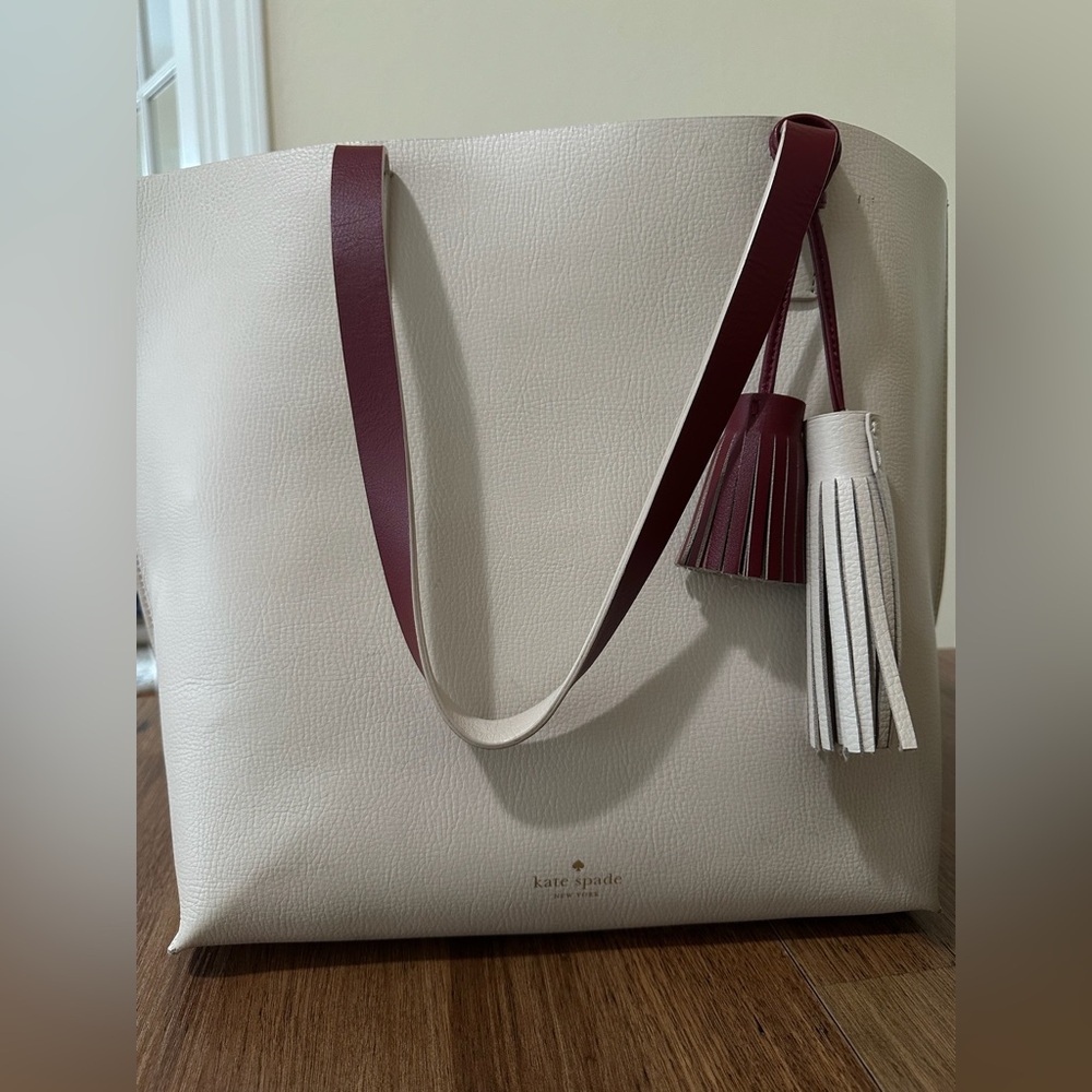 Kate Spade Cream and Burgundy Large Leather Tote